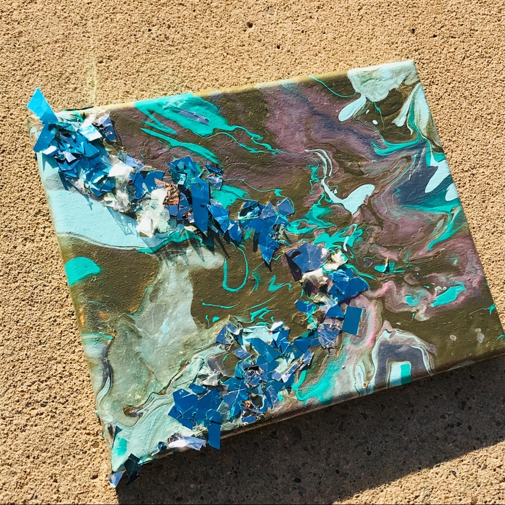 blue and pink abstract mixed artwork